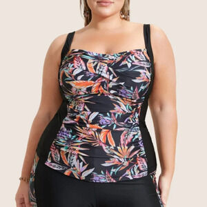 BloomChic Plus size Tropical Print Patchwork Crossover Gathered Swim Top 4XL